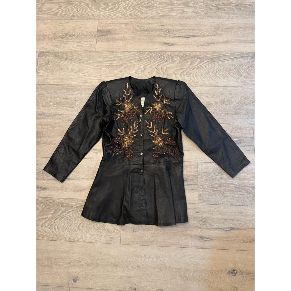 Vintage Hand Beaded Leather‎ Peplum Jacket Black Gold Red Floral Made in India M